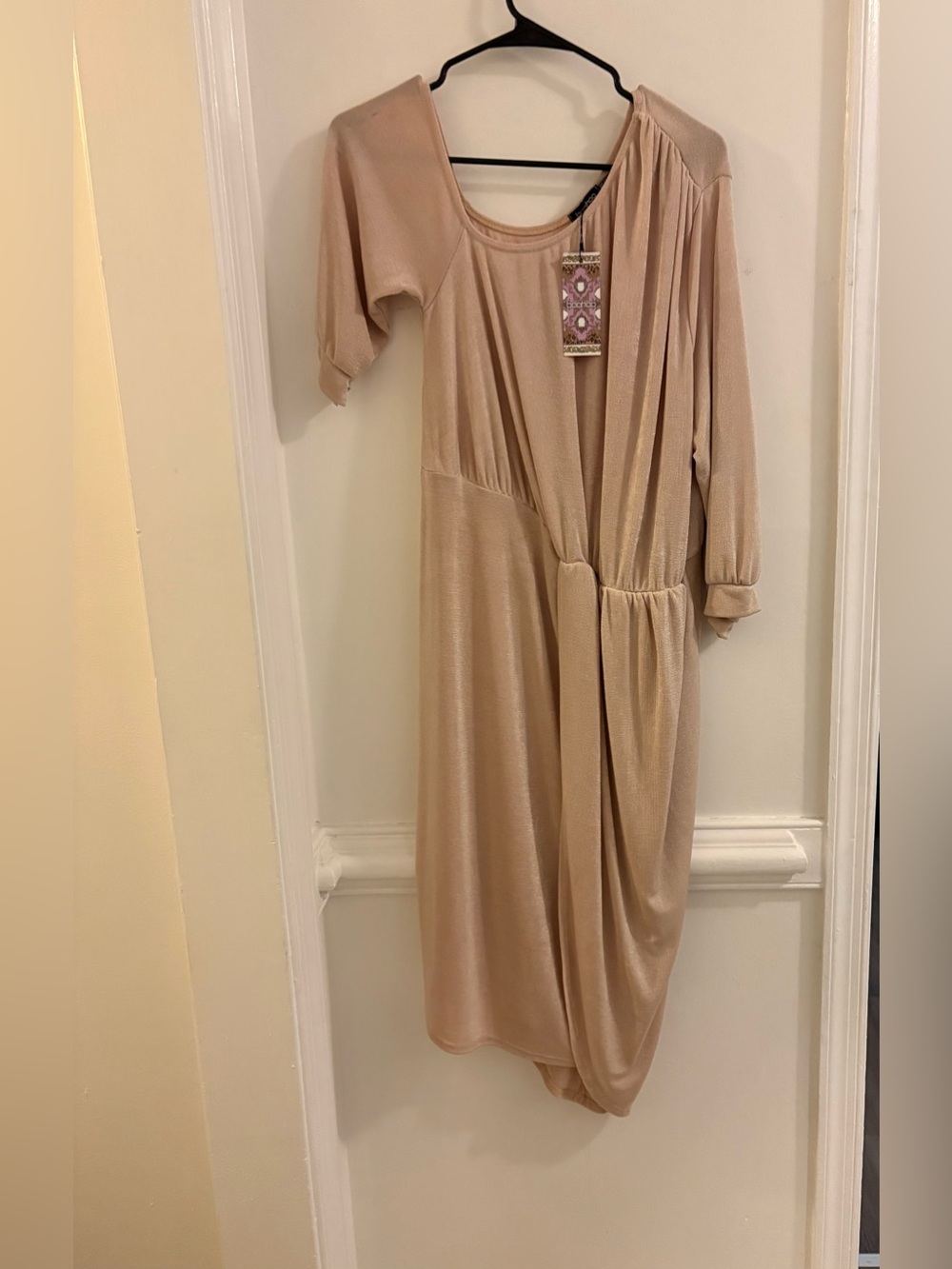 Boohoo Plus Textured Slinky Neck MIDI Dress-Champagne